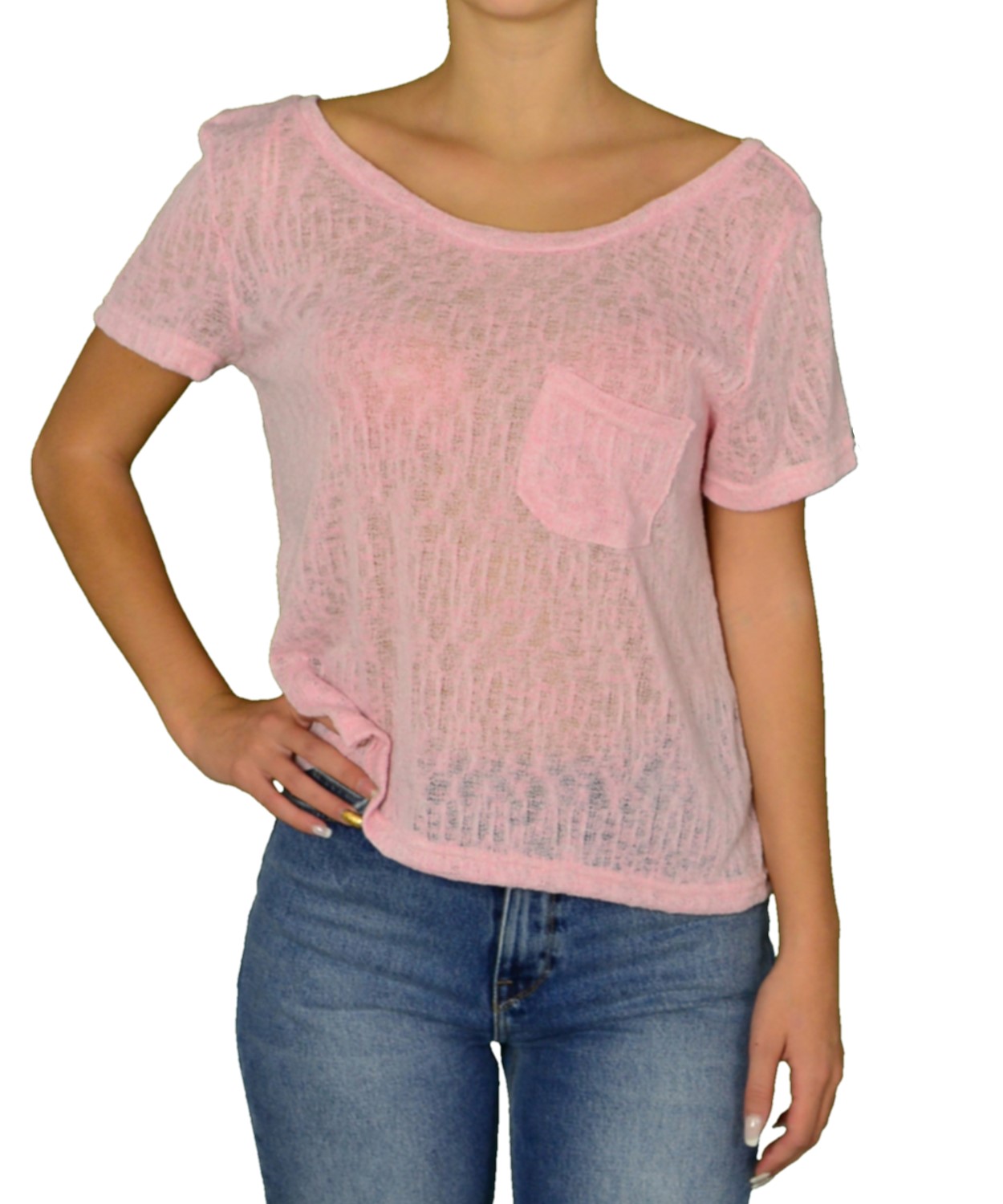 Γυναικεία πλεκτή κοντομάνικη μπλούζα Coocu ροζ 31245C